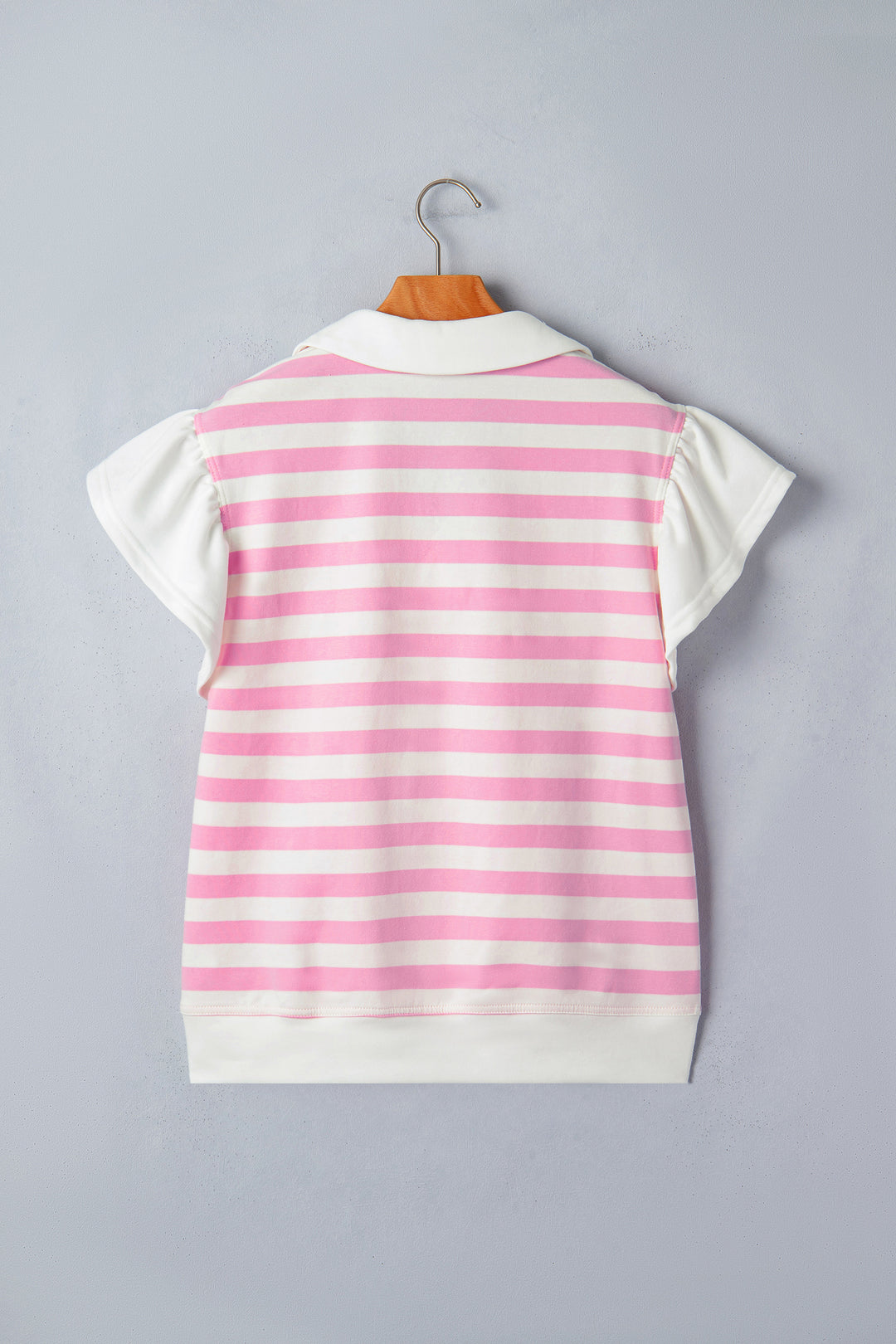 Pink Stripe Collar V Neck Ruffled Short Sleeve Blouse
