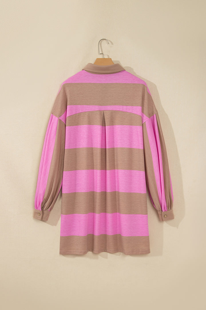 Rose Stripe Striped Button Long Sleeve Short Shift Dress
