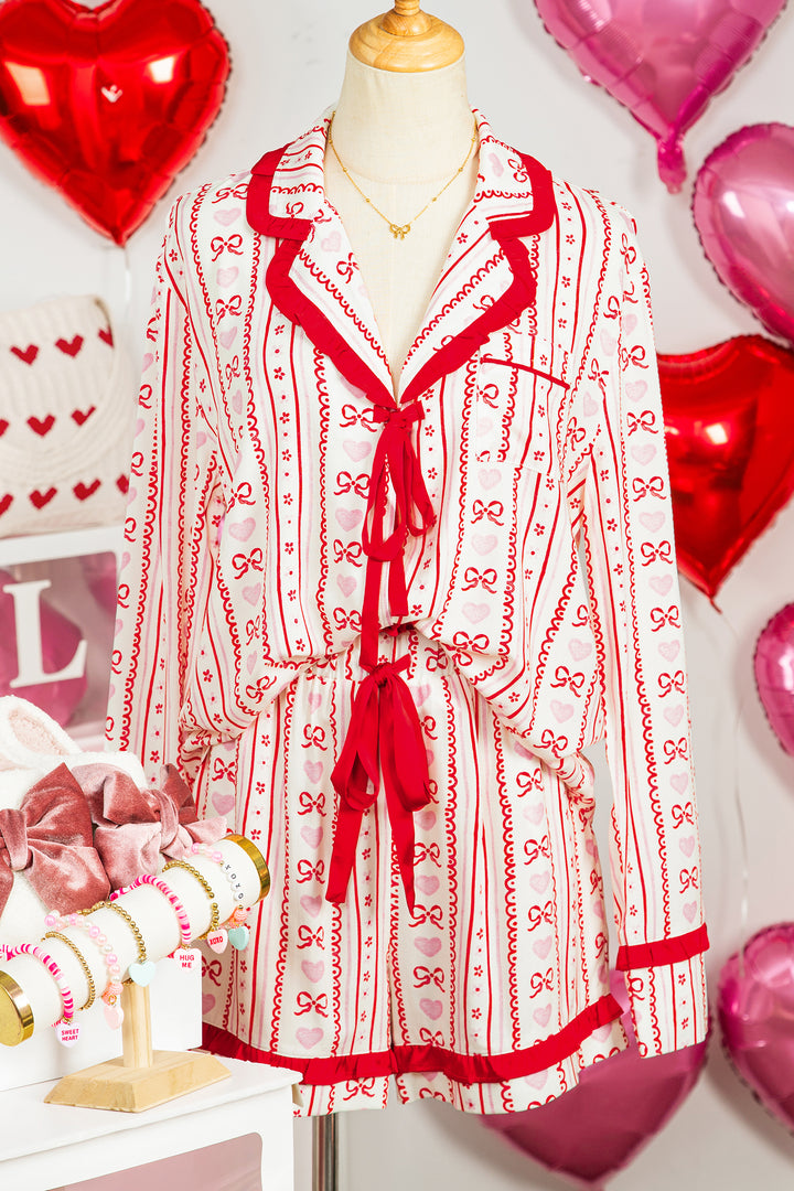 Red Sweet Floral Heart Bow Print Contrast Trim Long Sleeve Shirt Pajama Short Set