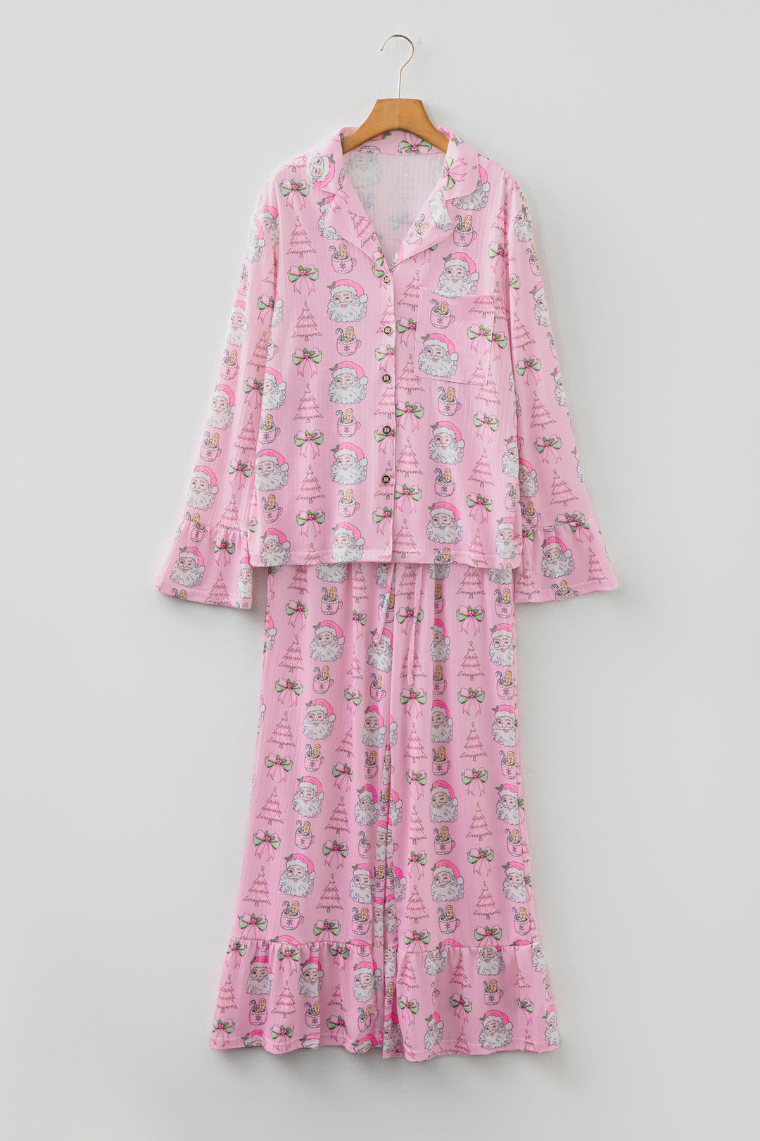 Pink Christmas Print Ruffled Ribbed Shirt & Pants 2 Piece PJ Set