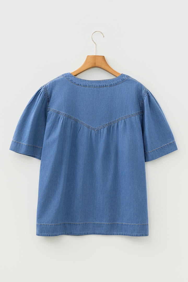 Beau Blue Seam Pleated Detail Half Button Short Sleeve Denim Top