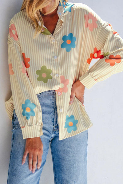 Apricot Stripe Flower Print Collared Button-up Loose Fit Shirt