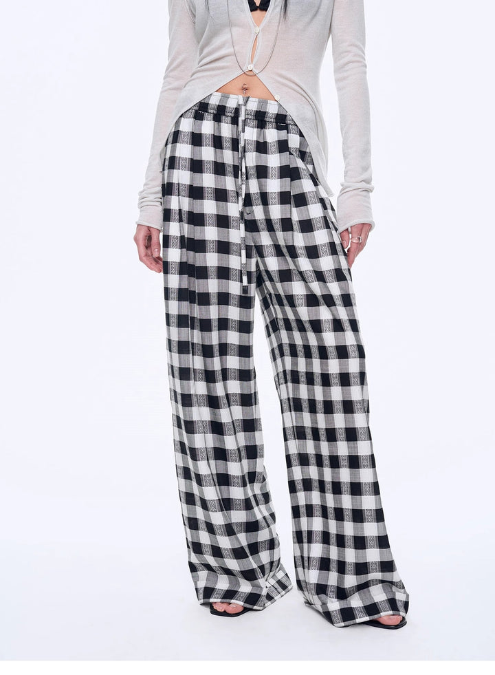 National Style Tencel Acetate Jacquard/Drape Linen Plaid Retro Casual Pants Spring"Plaid Accent"