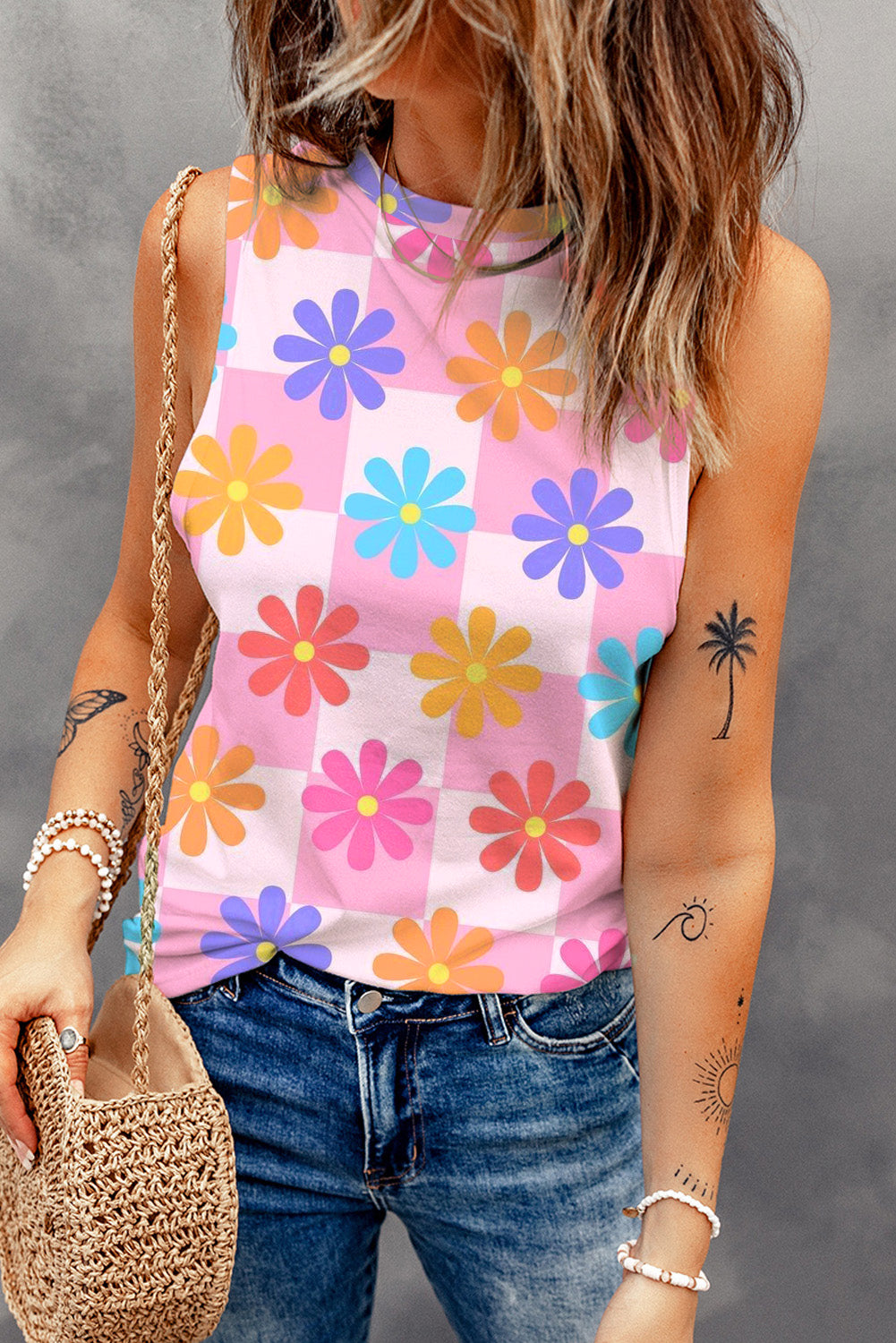 Pink Floral Print Round Neck Sleeveless Top