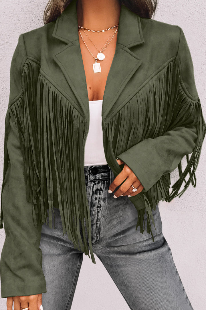 Green Cropped Fringe Faux Suede Jacket