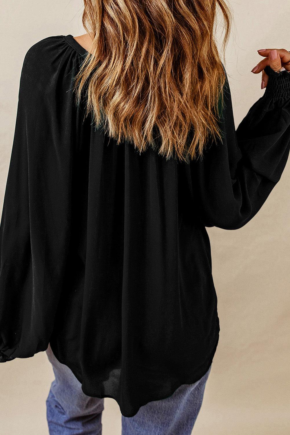 Black Pleated V Neck Puffy Sleeve Blouse