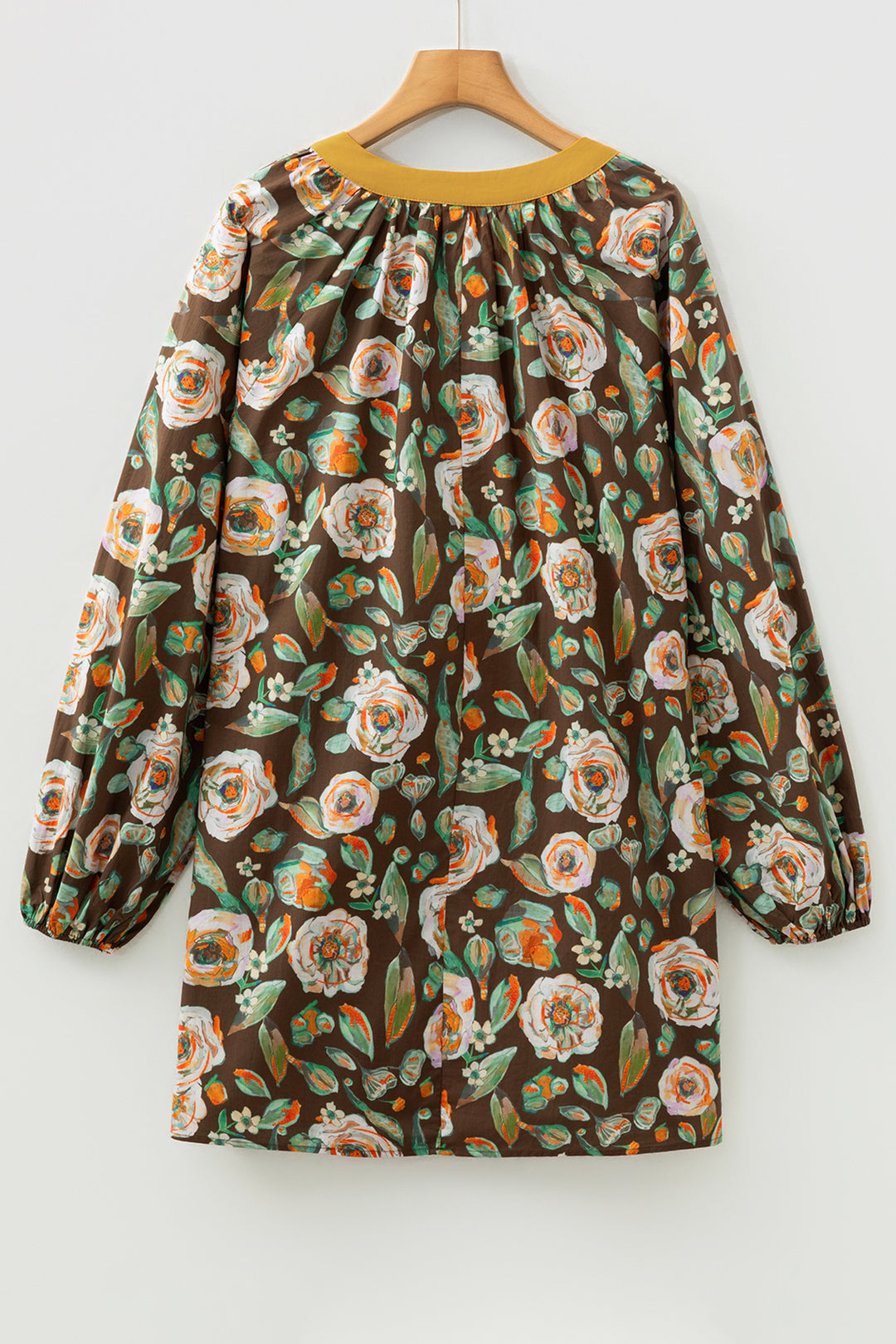 Brown Floral Print Contrast Trim V Neck Pocketed Long Sleeve Mini Dress