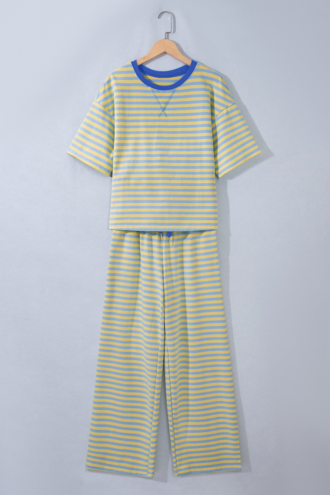 Pink Stripe Colorblock Trim Crew Neck Loose Tee Drawstring Elastic Waist 2pcs Pant Set