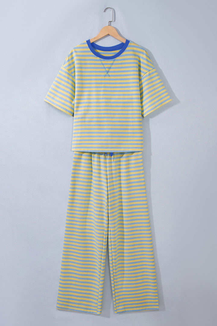 Pink Stripe Colorblock Trim Crew Neck Loose Tee Drawstring Elastic Waist 2pcs Pant Set