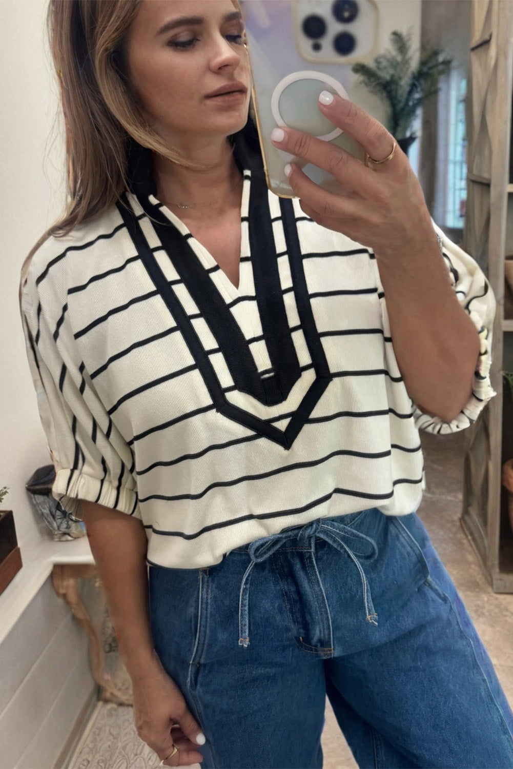Blue Stripe Stand Collar V Neck Elastic Cuffs Half Sleeve Dolman Top