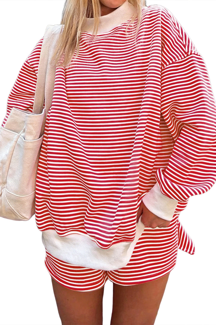 Sky Blue Stripe Oversize Mock Neck Sweatshirt and Shorts Set