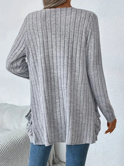 Ribbed Open Front Long Sleeve Cardigan with Pockets