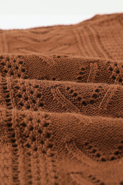 Brown Crochet Lace Pointelle Knit Sweater