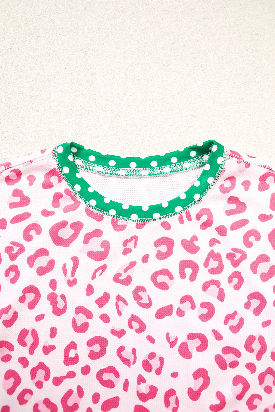 Khaki Leopard Polka Dot Colorblock Trim Long Sleeve Top