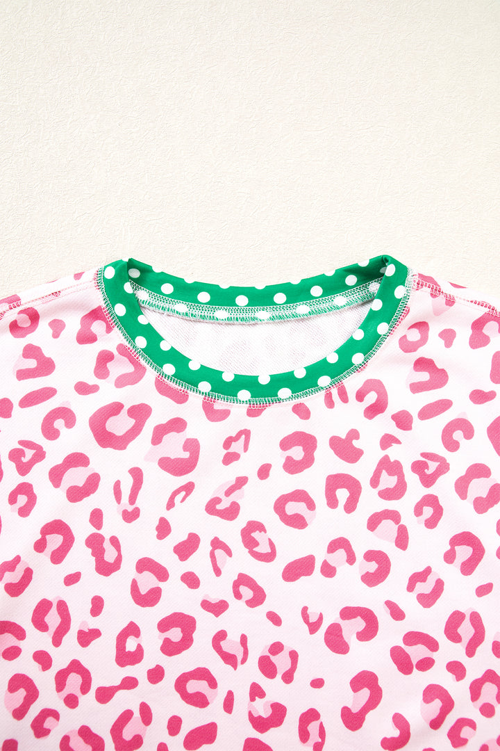 Khaki Leopard Polka Dot Colorblock Trim Long Sleeve Top