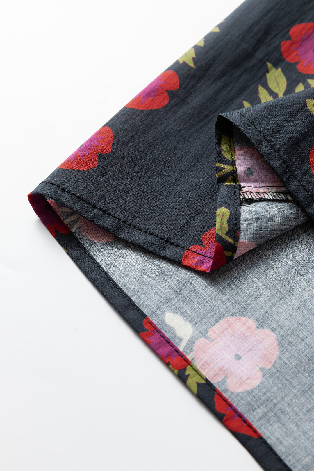 Black Floral Short Bubble Sleeve Contrast Slit Neckline Blouse