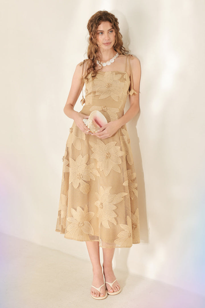 SANDY BLOOM FLORAL WOVEN LACE MIDI DRESS