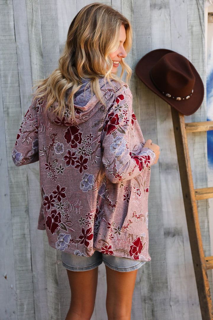Find Love Bronze Long Sleeve Floral Print Open Cardigan Hoodie