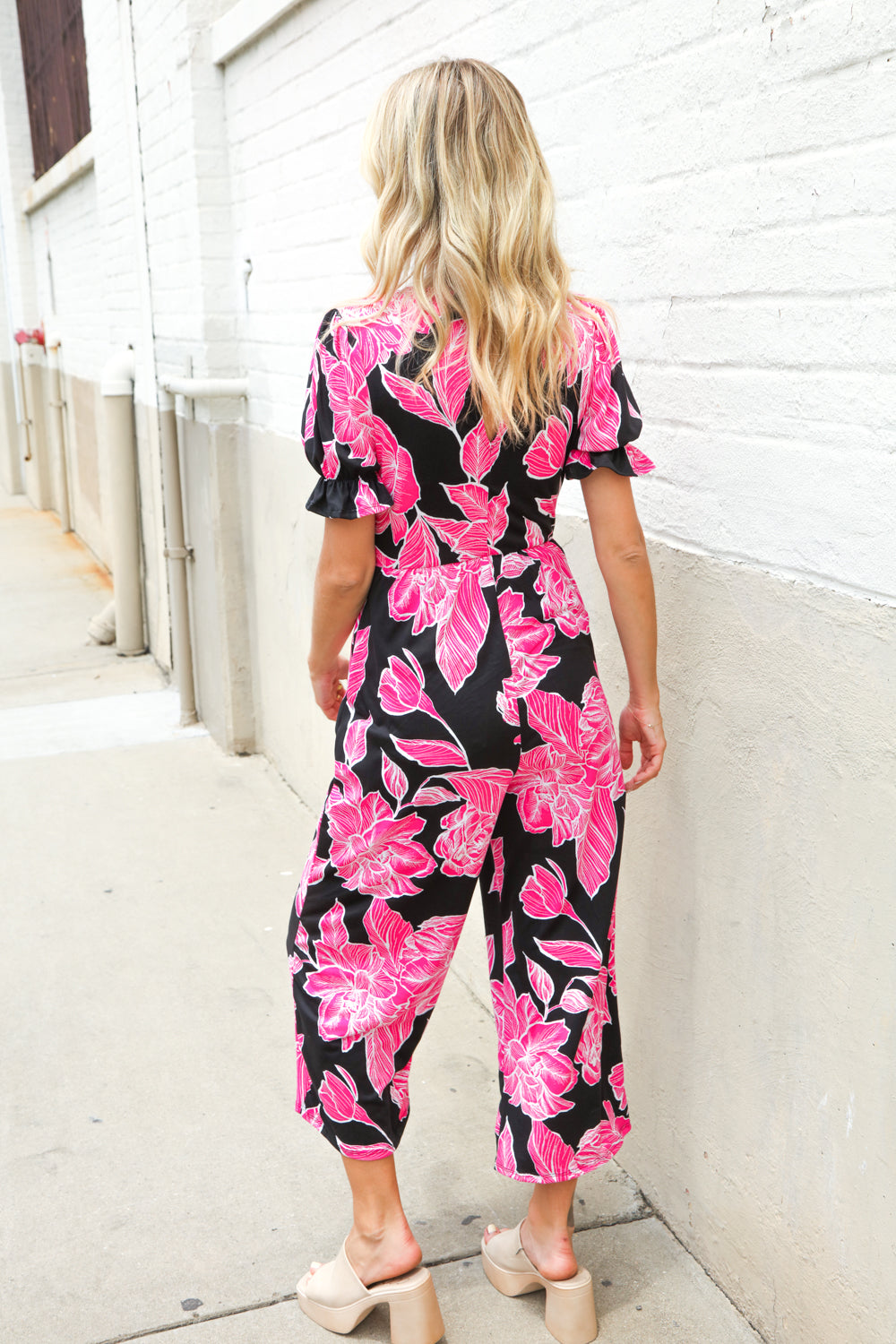 Spring Vibes Black Floral Print Ruffle Sleeve Wide Leg Jumpsuit