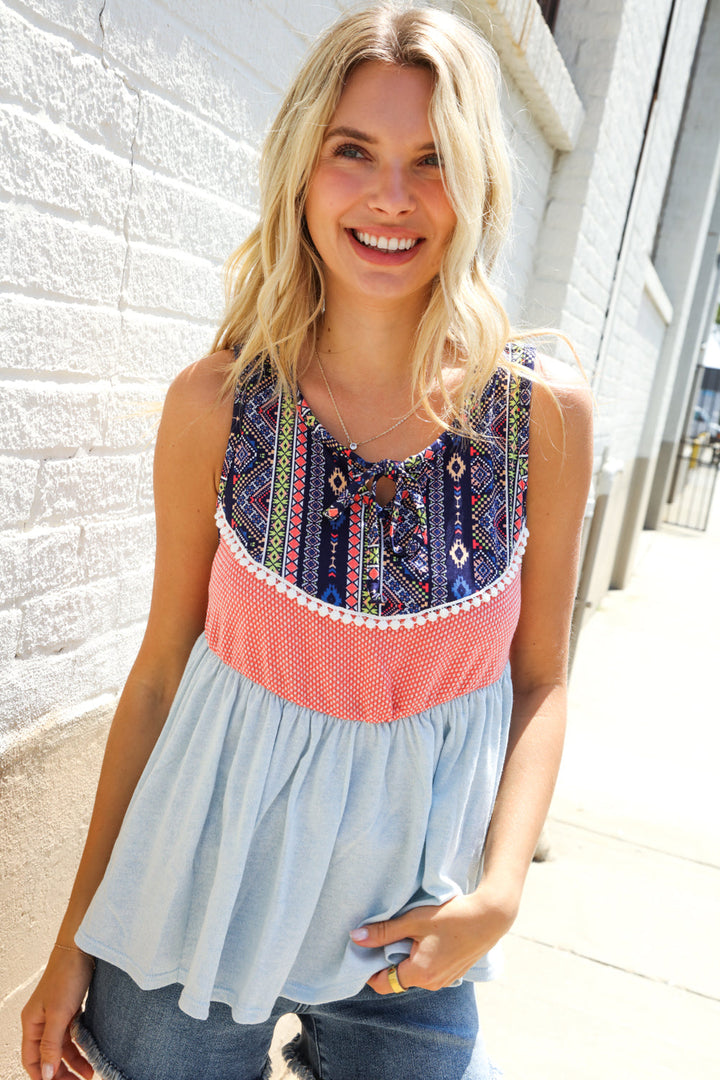 Vacay Vibes Coral/Blue Boho Print Color Block Sleeveless Top