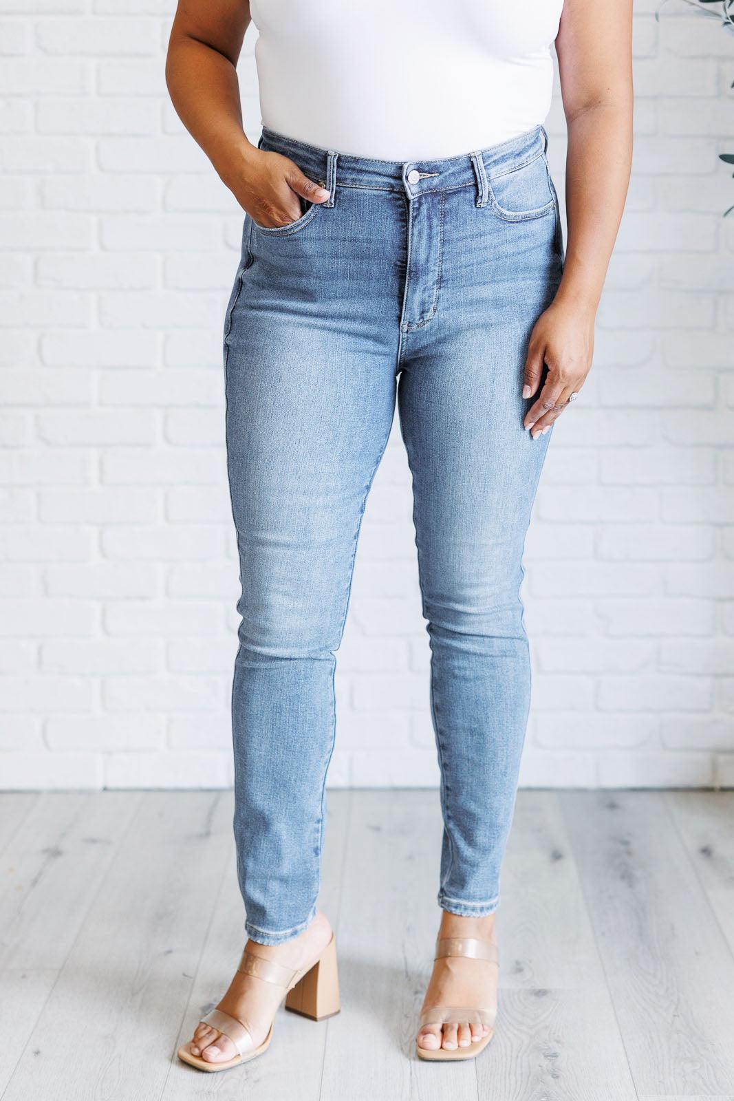 Front view of Justine high rise skinny jeans