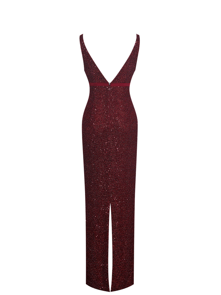 Elora Crimson Sequin Beaded Keyhole Maxi Dress