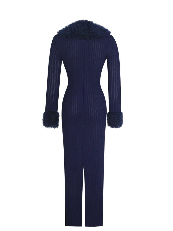 Romina Navy Plunging Fur Trimmed Crochet Maxi Dress