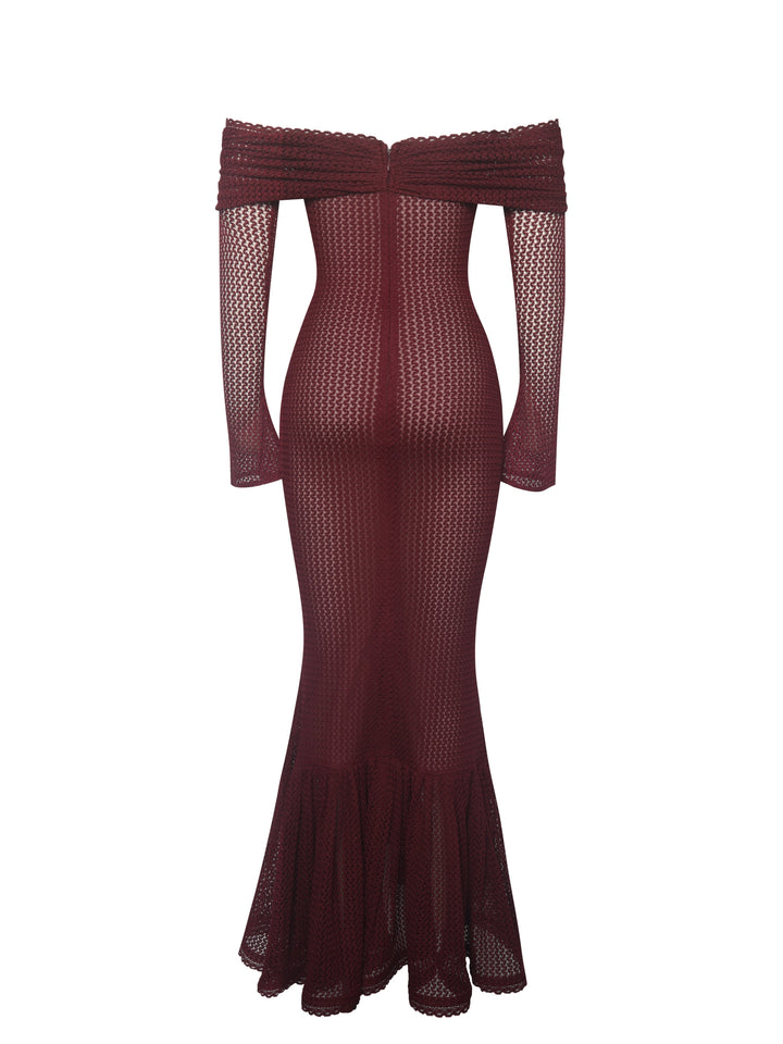 Kaedyn Burgundy Off Shoulder Long Sleeve Crochet Mermaid Maxi Dress