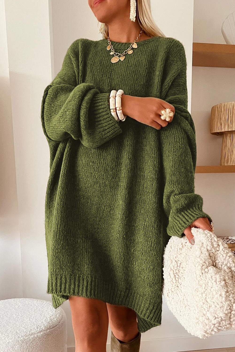 Four Leaf Clover Oversize Drop Shoulder Slouchy Sweater Dress
