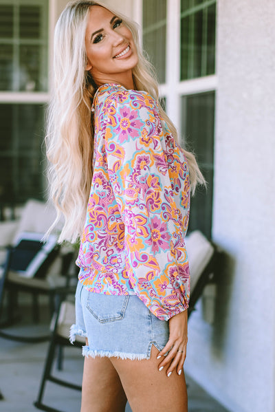 Purple Boho Paisley Printed Peasant Sleeve Blouse