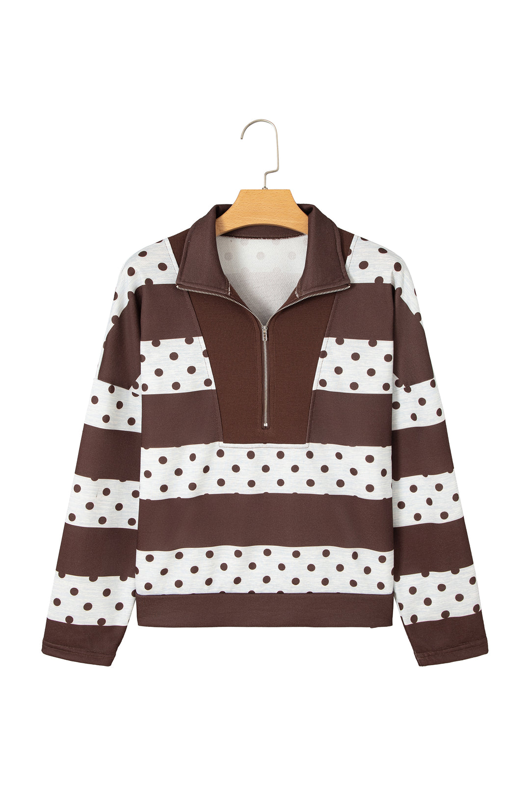 Brown Stripe Patchwork Polka Dot Accent Quarter Zip Long Sleeve Top
