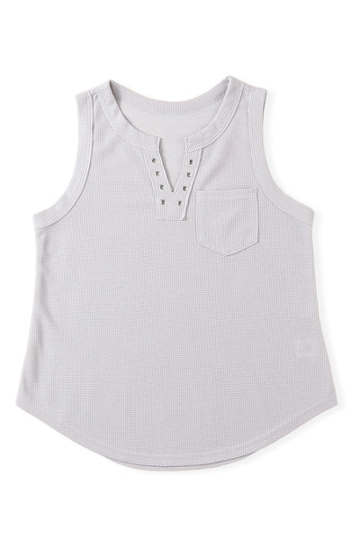 Gray Notched Neck Eyelet Thermal Knit Tank