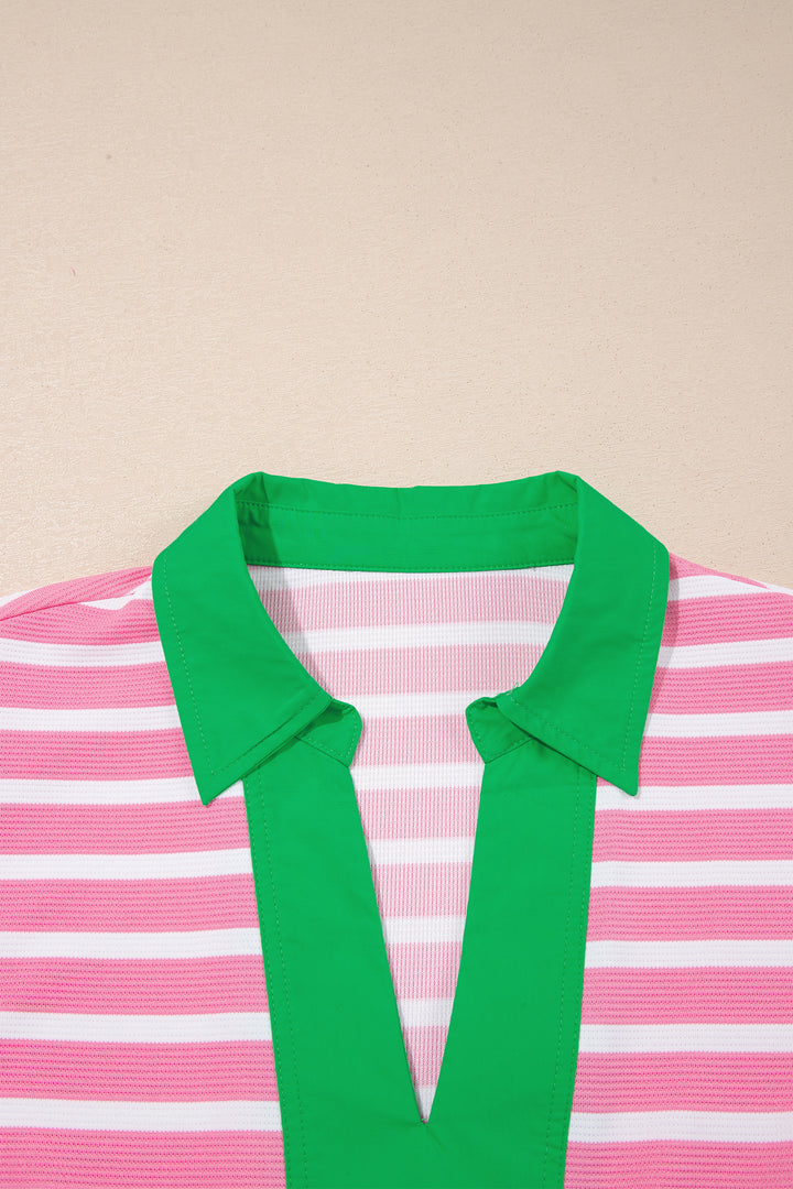 Blue Stripe Short Puff Sleeve Color Block Polo Collar Blouse