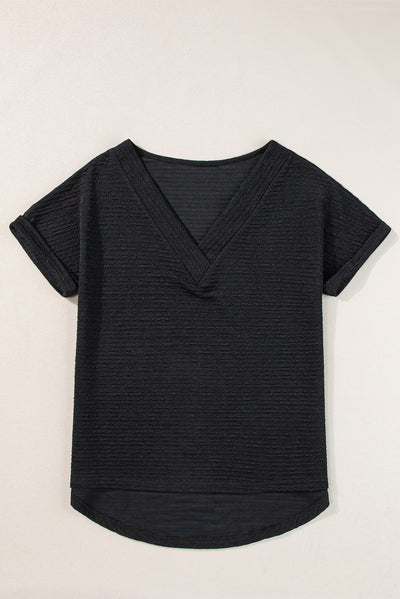 Black Textured Wide Sleeve V Neck T Shirt