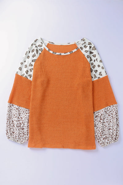 Orange Leopard Colorblock Waffle Knit Top