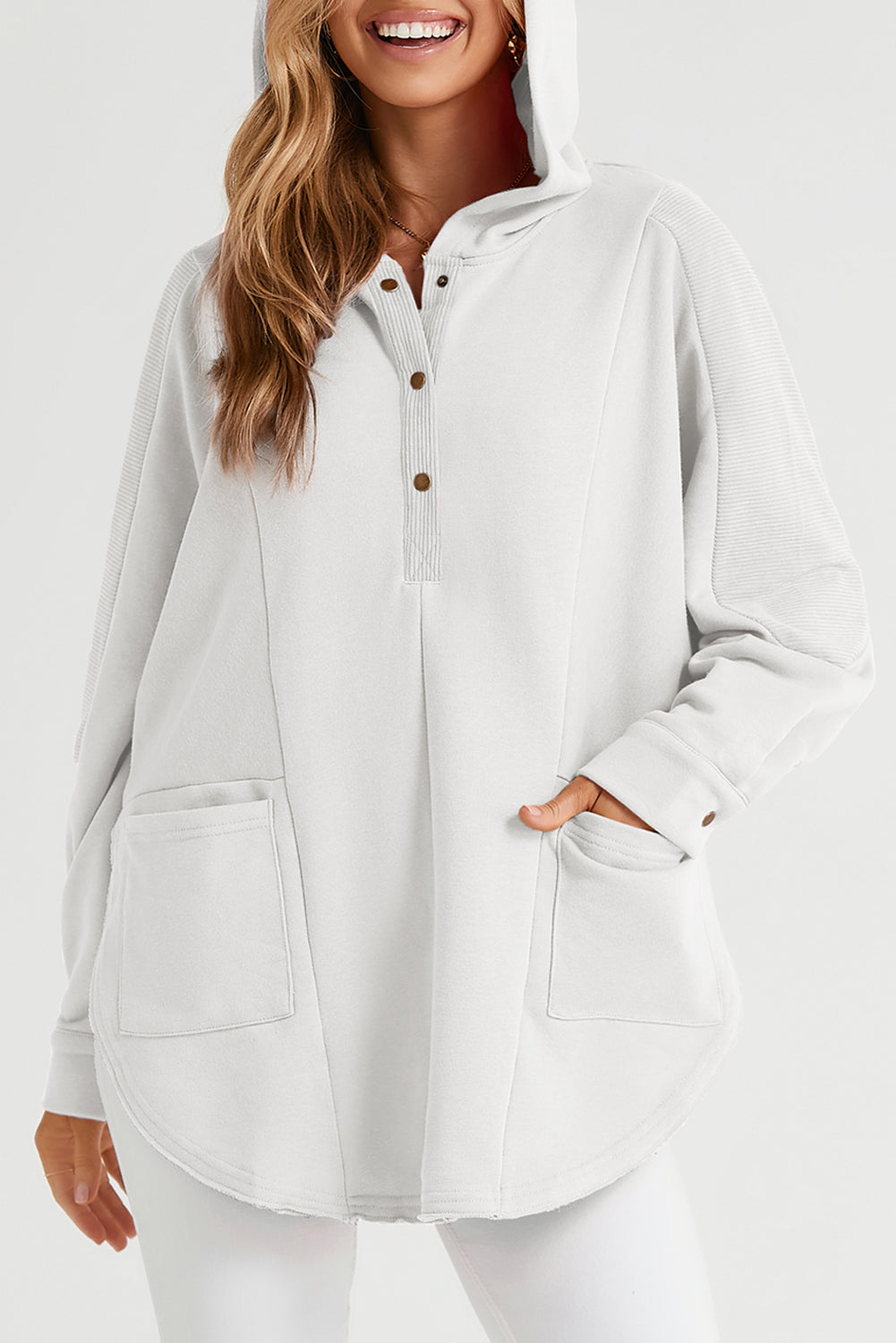 White Patchwork Side Pockets Oversized Henley Hoodie