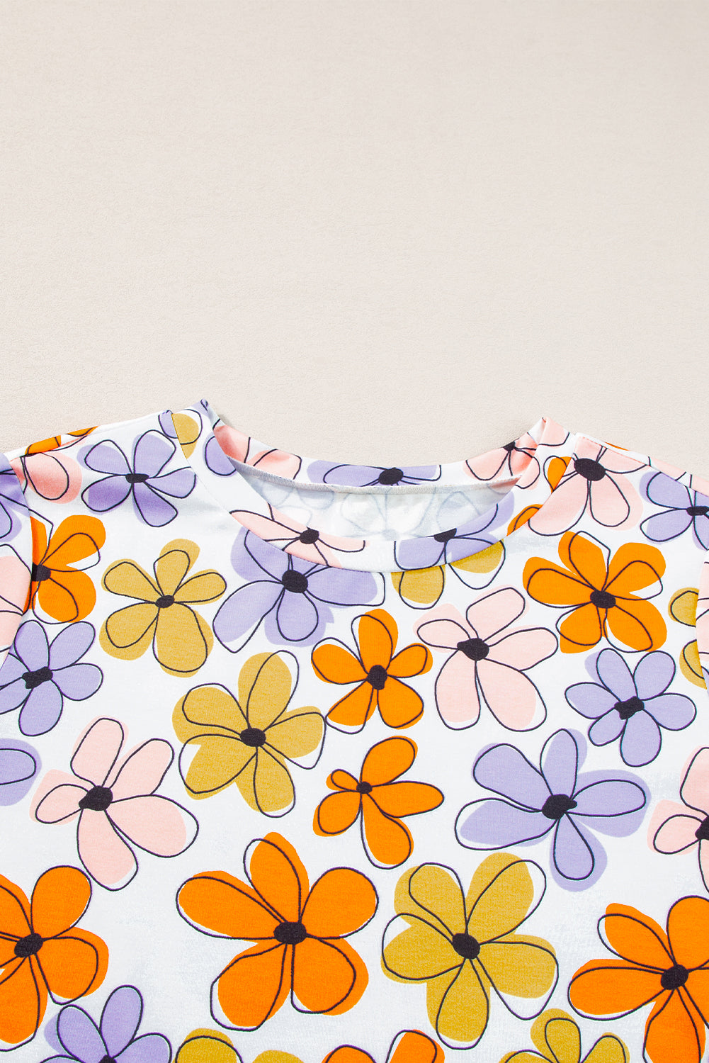 Orange Summer Flower Print Casual Round Neck T Shirt