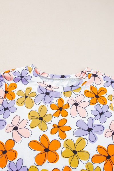 Orange Summer Flower Print Casual Round Neck T Shirt