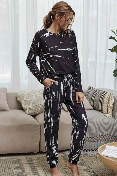 Shiny Tie-Dye Round Neck Top and Drawstring Waist Joggers Lounge Set