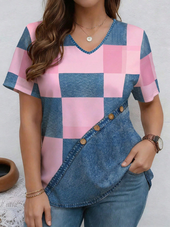 V-Neck Denim Print Short Sleeve T-Shirt | Loose Casual Tee