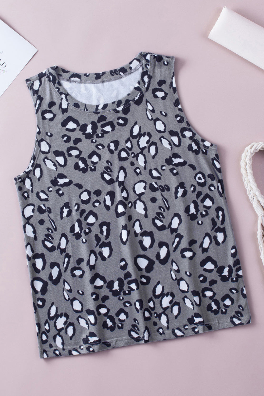 Gray Leopard Print Crew Neck Tank Top