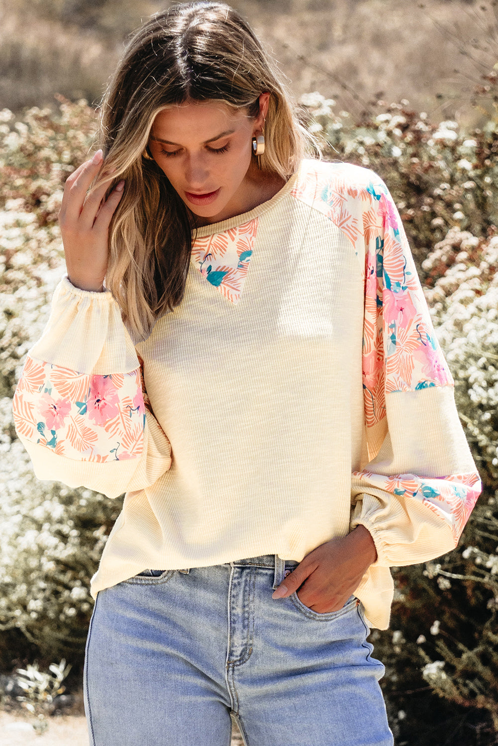 Apricot Textured Floral Patchwork Balloon Sleeve Blouse