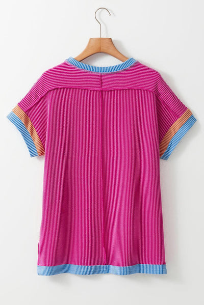 Bright Pink Textured Contrast Trim Round Neck T Shirt