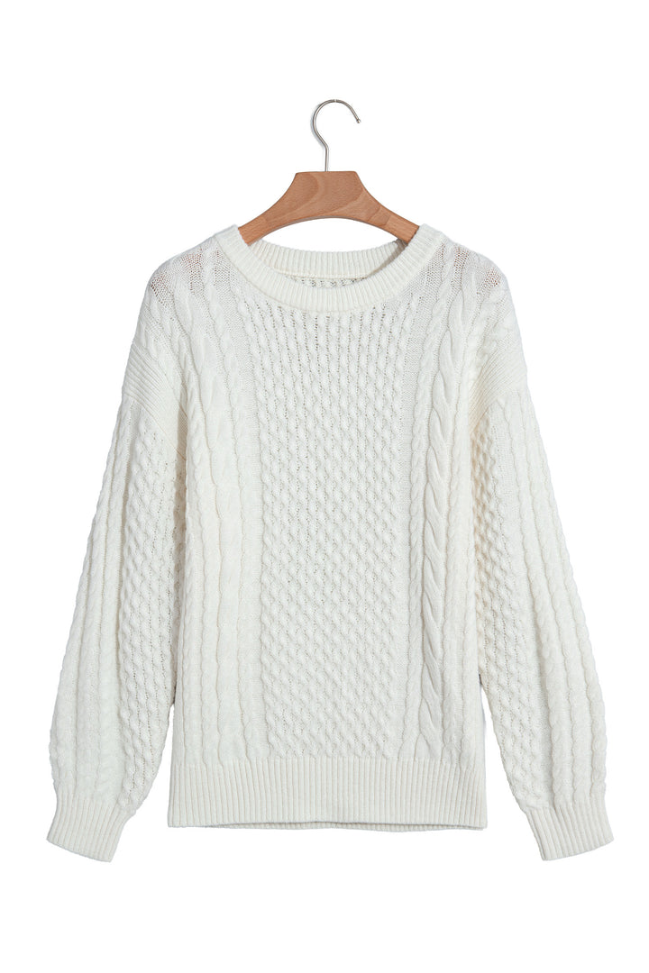 Beige Solid Color Cable Detail Knit Loose Round Neck Sweater