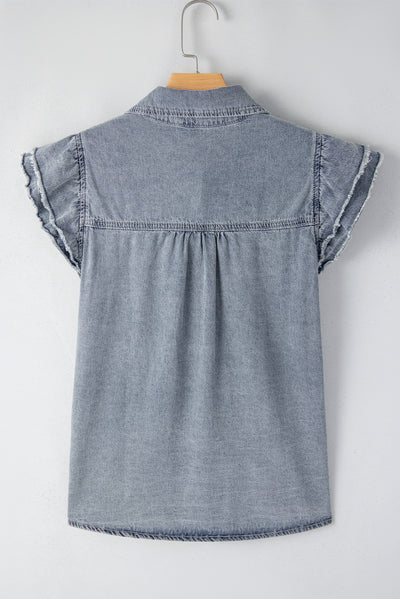 Beau Blue Frayed Ruffle Sleeve Denim Shirt