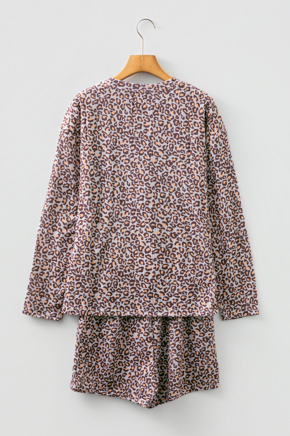 Khaki Leopard Ribbed Long Sleeve Top Drawstring Shorts 2pcs Outfit