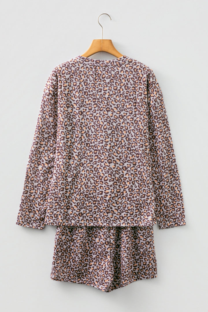 Khaki Leopard Ribbed Long Sleeve Top Drawstring Shorts 2pcs Outfit