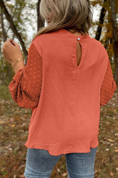 Russet Orange Swiss Dot Balloon Sleeve Loose Blouse