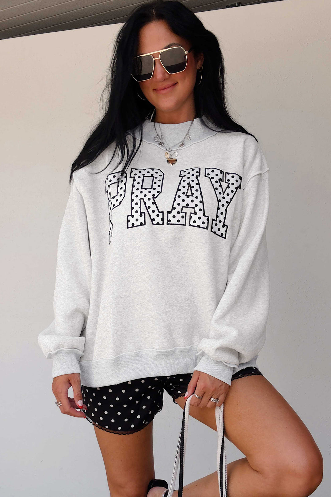 Gray PRAY Polka Dot Embroidered Mock Neck Sweatshirt