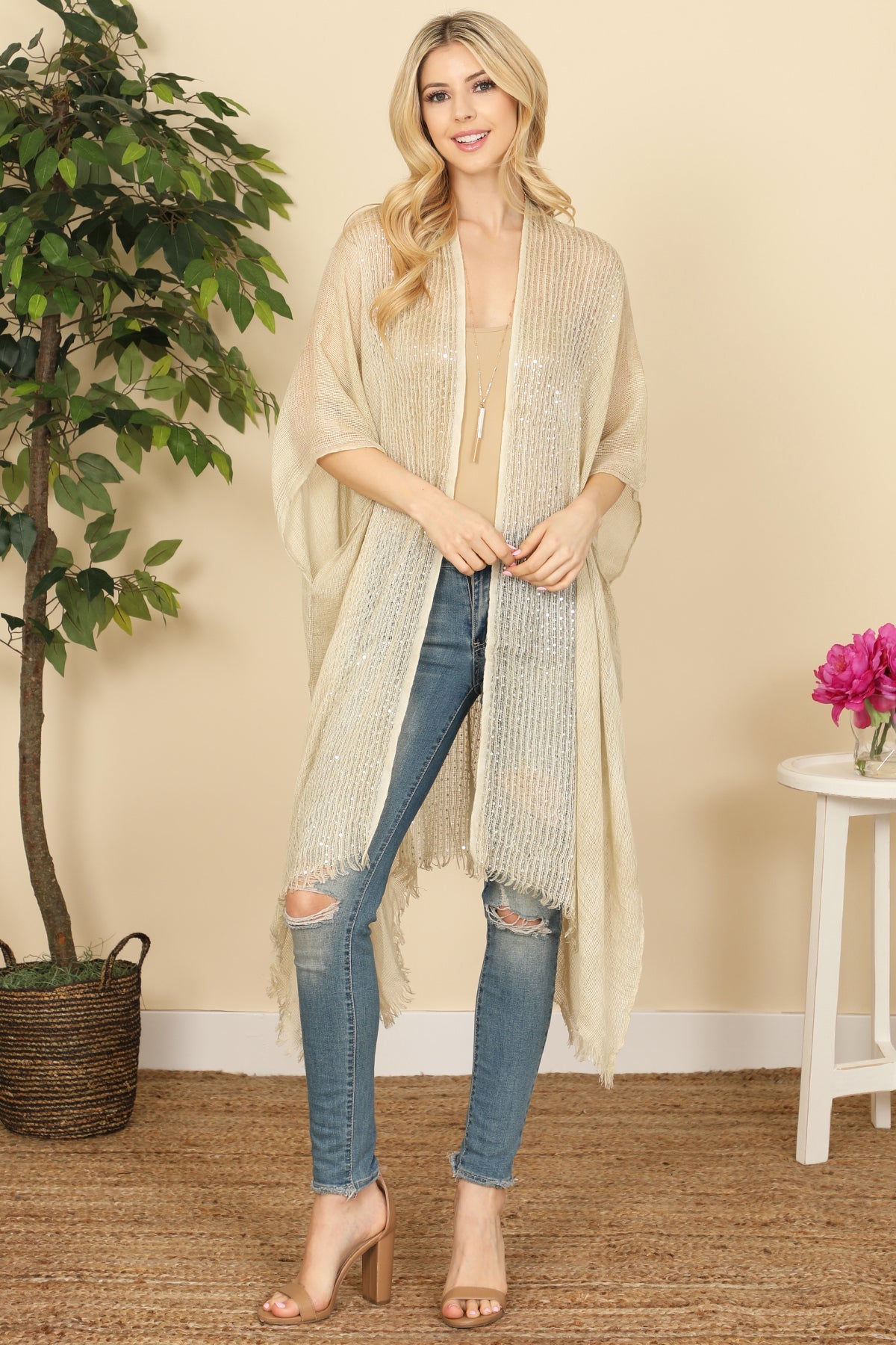 Hdf2498 - Glittered Fringed Open Cardigan